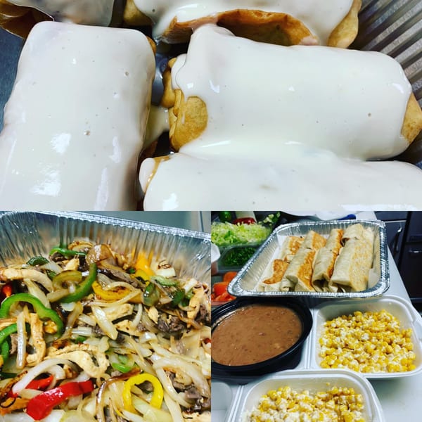 A collage of Chavela's Mexican dishes, including burritos with white sauce, fajitas, and sides.